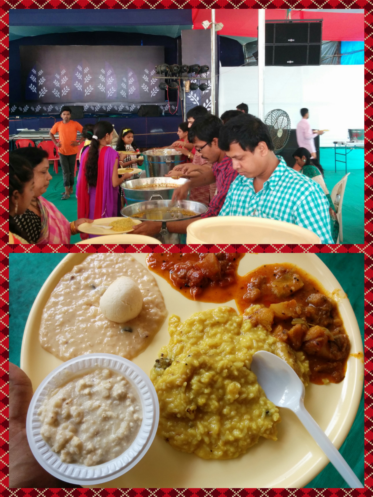 Bhog queue and the Bhog plate consisting of Khichuri, Chutney, Subzi and Payesh with a Rossogolla