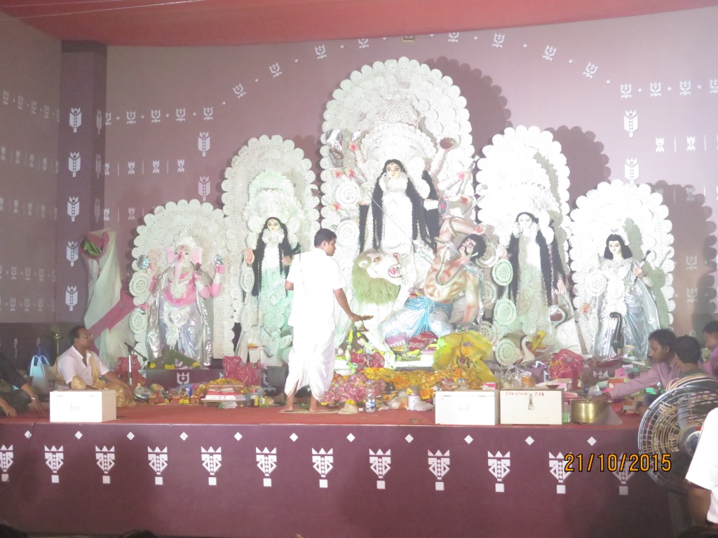 Durga puja pandal with Durga, Kartikeya, Lakshmi, Ganesh and Saraswati