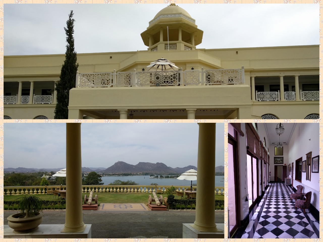 Laxmi Vilas palace exteriors, views of the lake and mosaic corridors