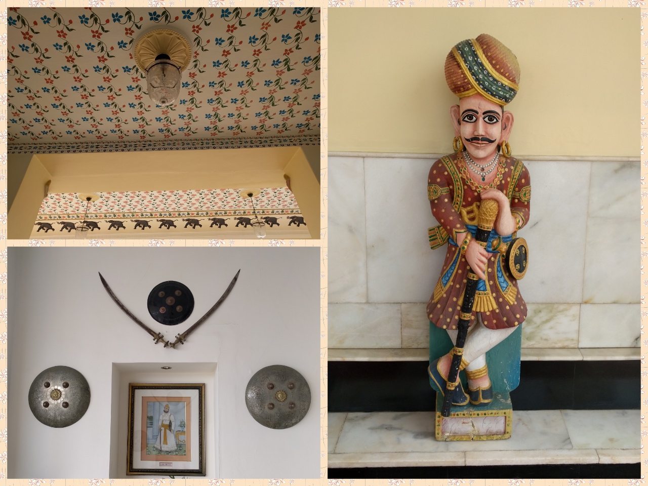 Marble figurine of a courtier, coat of arms of the Maharaja and an ornate ceiling