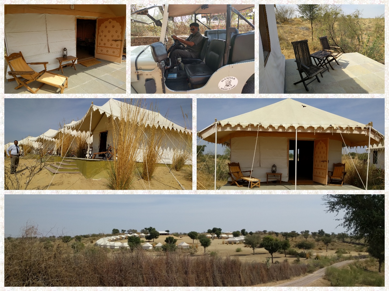 A typical Delux camp tent, sit out, rows of tents and the camp transportation