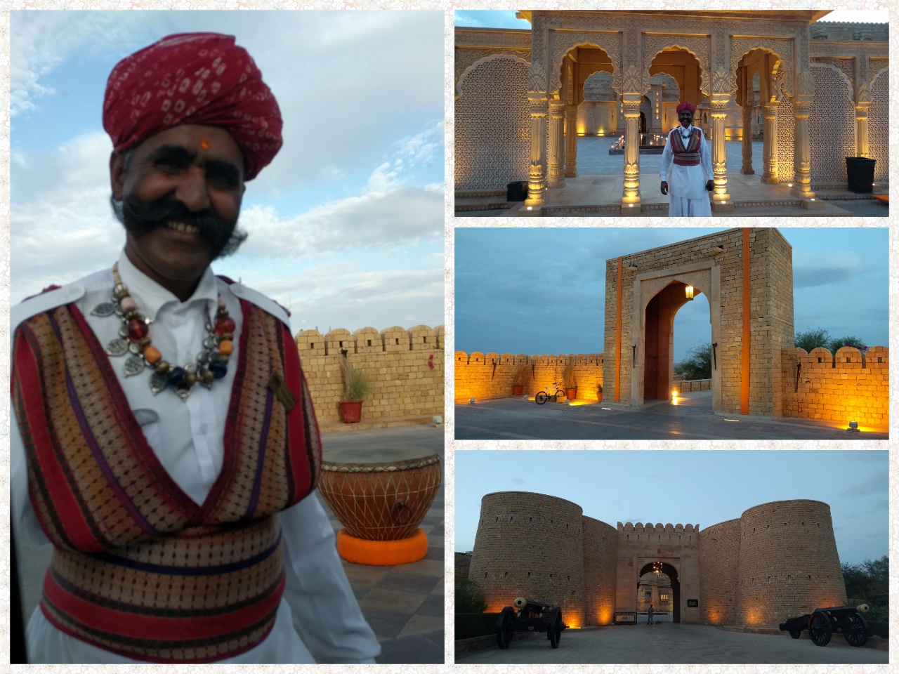 The Suryagarh Palace Doorman, entrance to the resort, resort walls lit during twilight