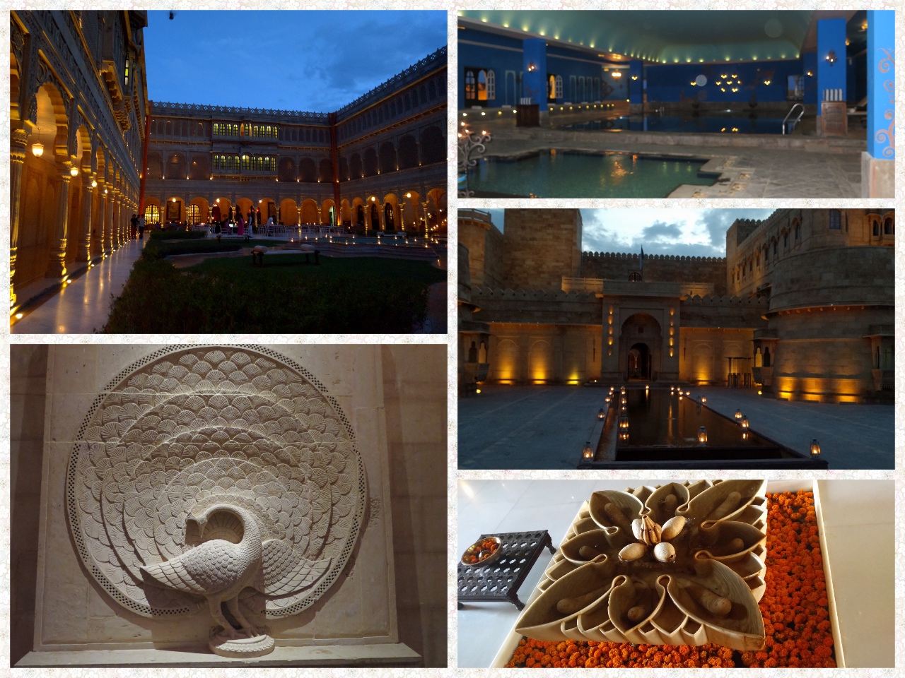 Twilight courtyard, entrance to the inner sections, swimming pool and welcome art