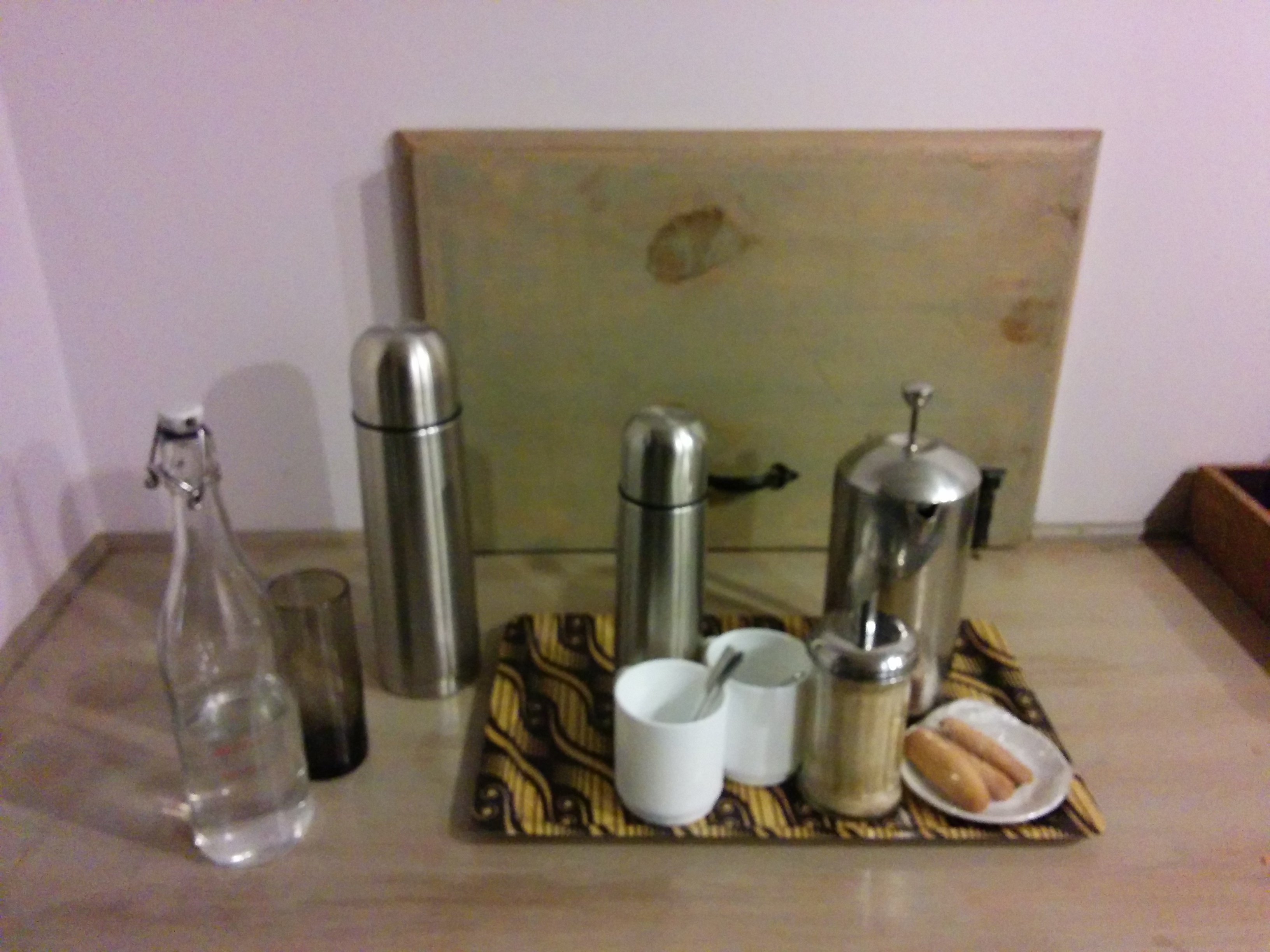 French Press, Flasks of Milk, Hot Chocolate and cookies