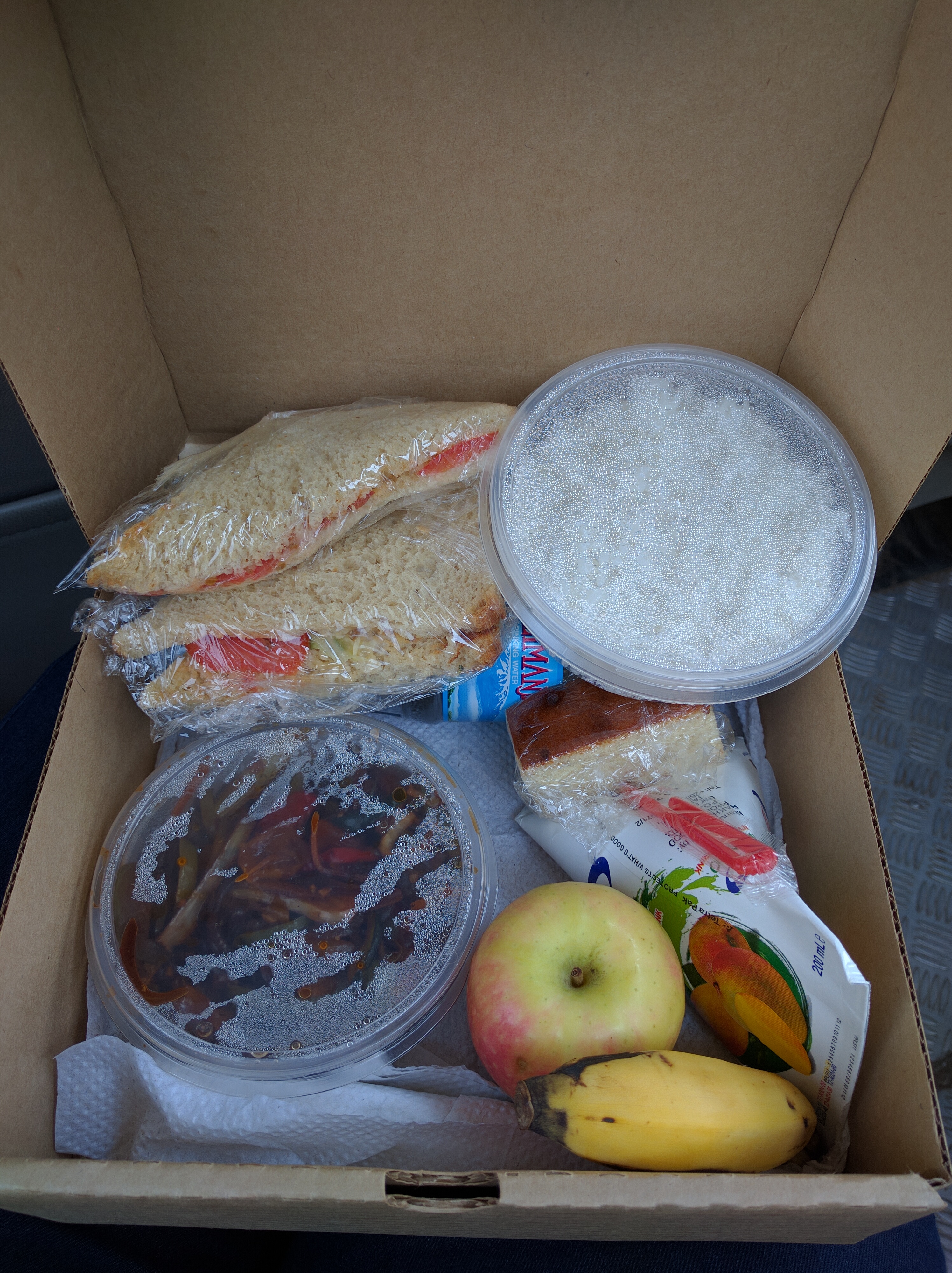 Sandwich, Rice and stir fried veggies, fruit and a drink