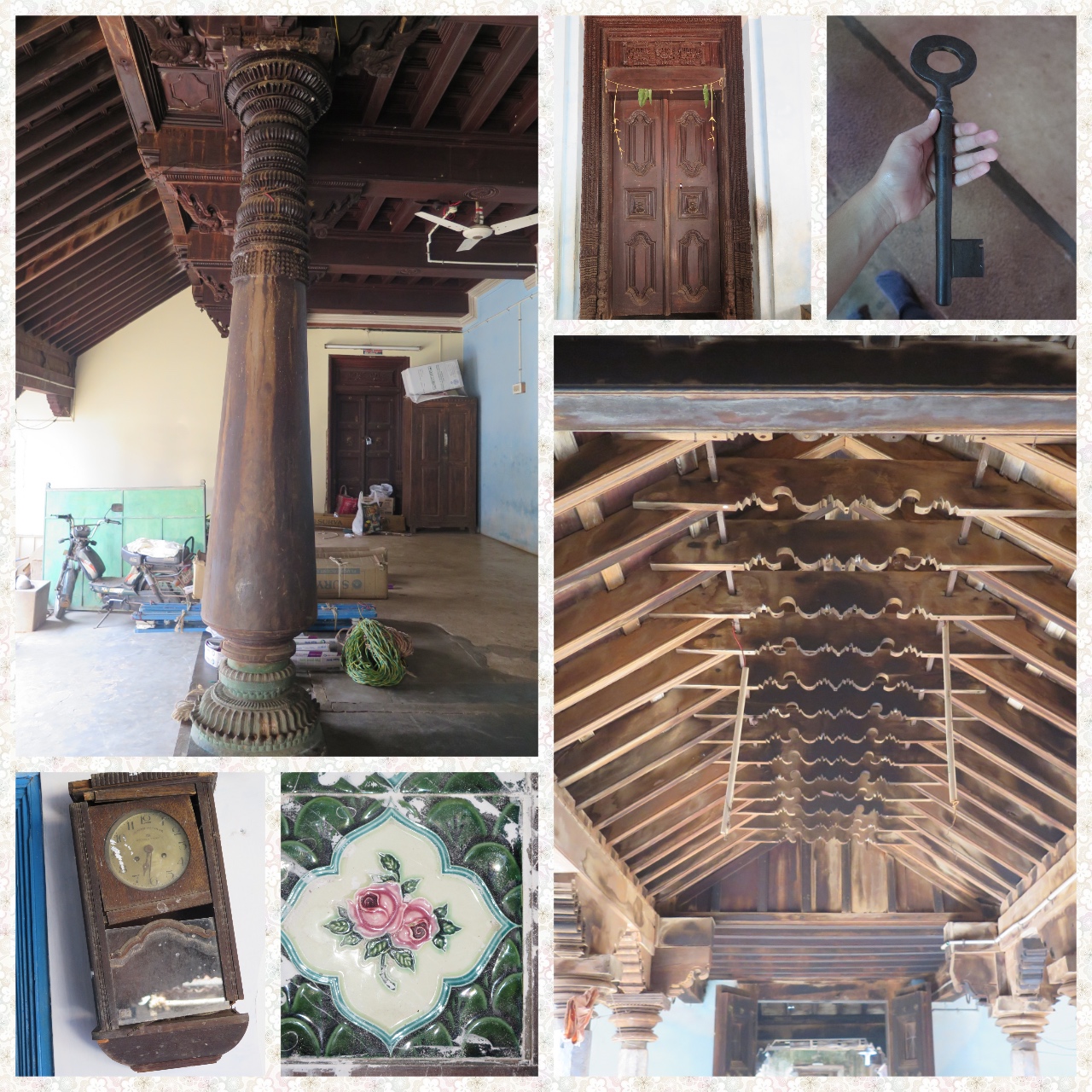 A traditional Chettinad Home as it is. Pillars or "Thoons", Teak wood doors and Ceilings, Athangudi tiles and Heavy Doors