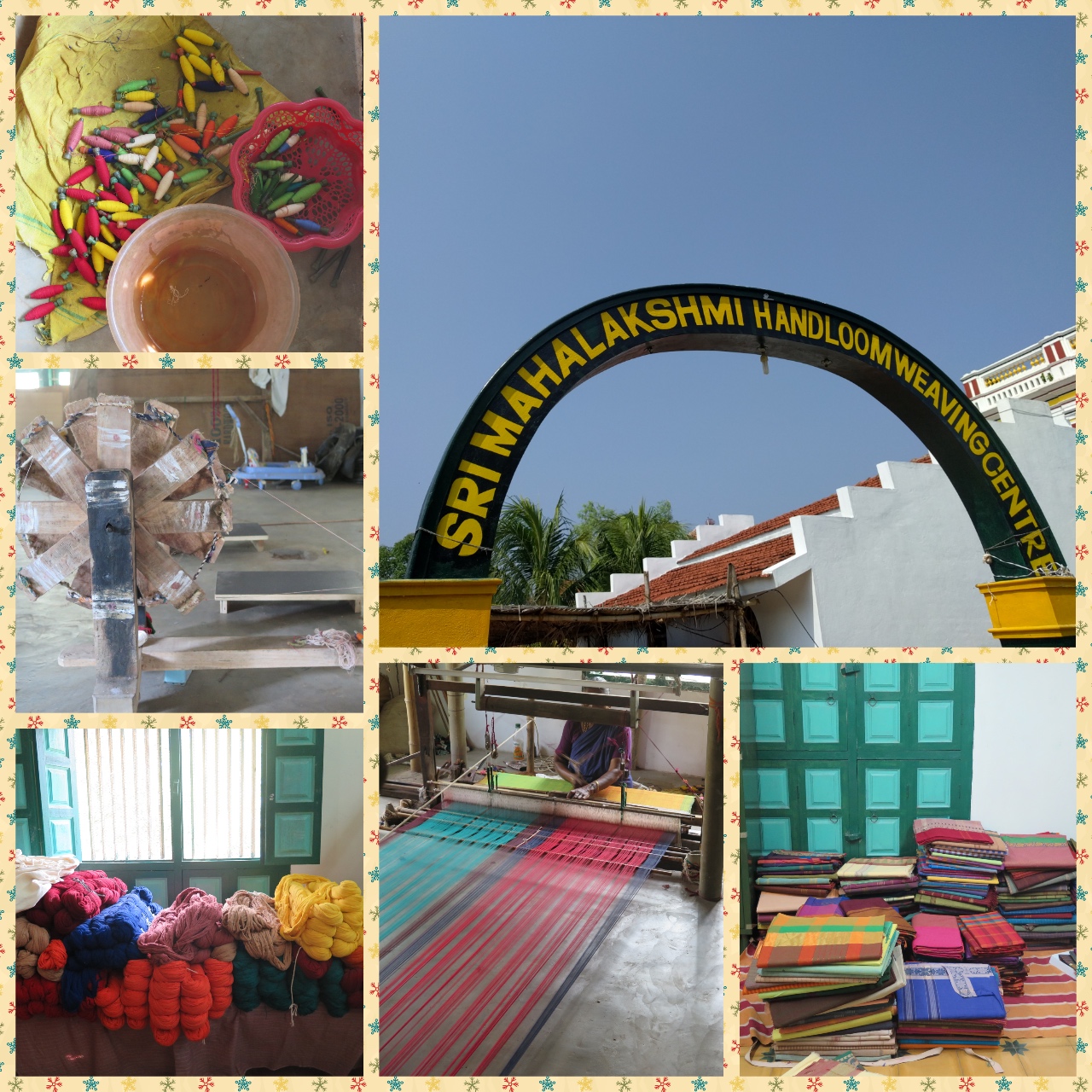 The Handloom Weaving center, Raw materials like colored threads, Hand weaving instruments like Charkha and loom and finished products