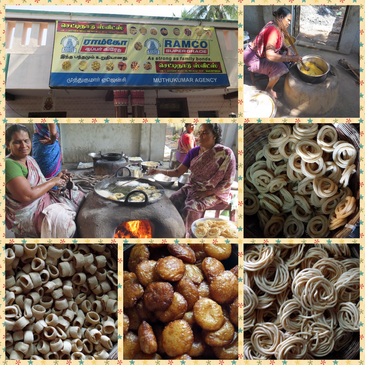 Women working the Bakshanam in a hot cauldron of coconut oil, finished Bakshanam