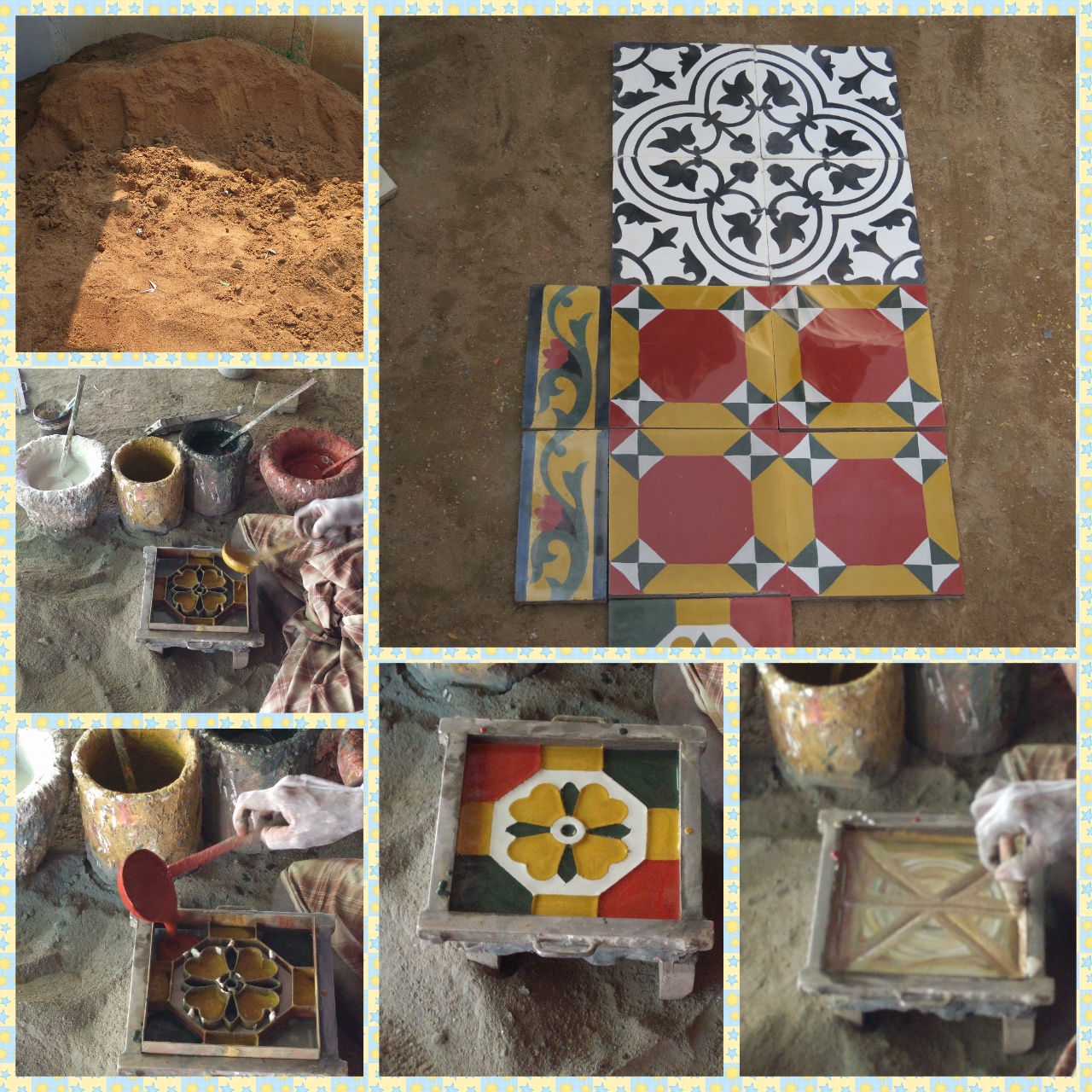Athangudi tile making workshop, Mud, coloring process, tile making and finished product