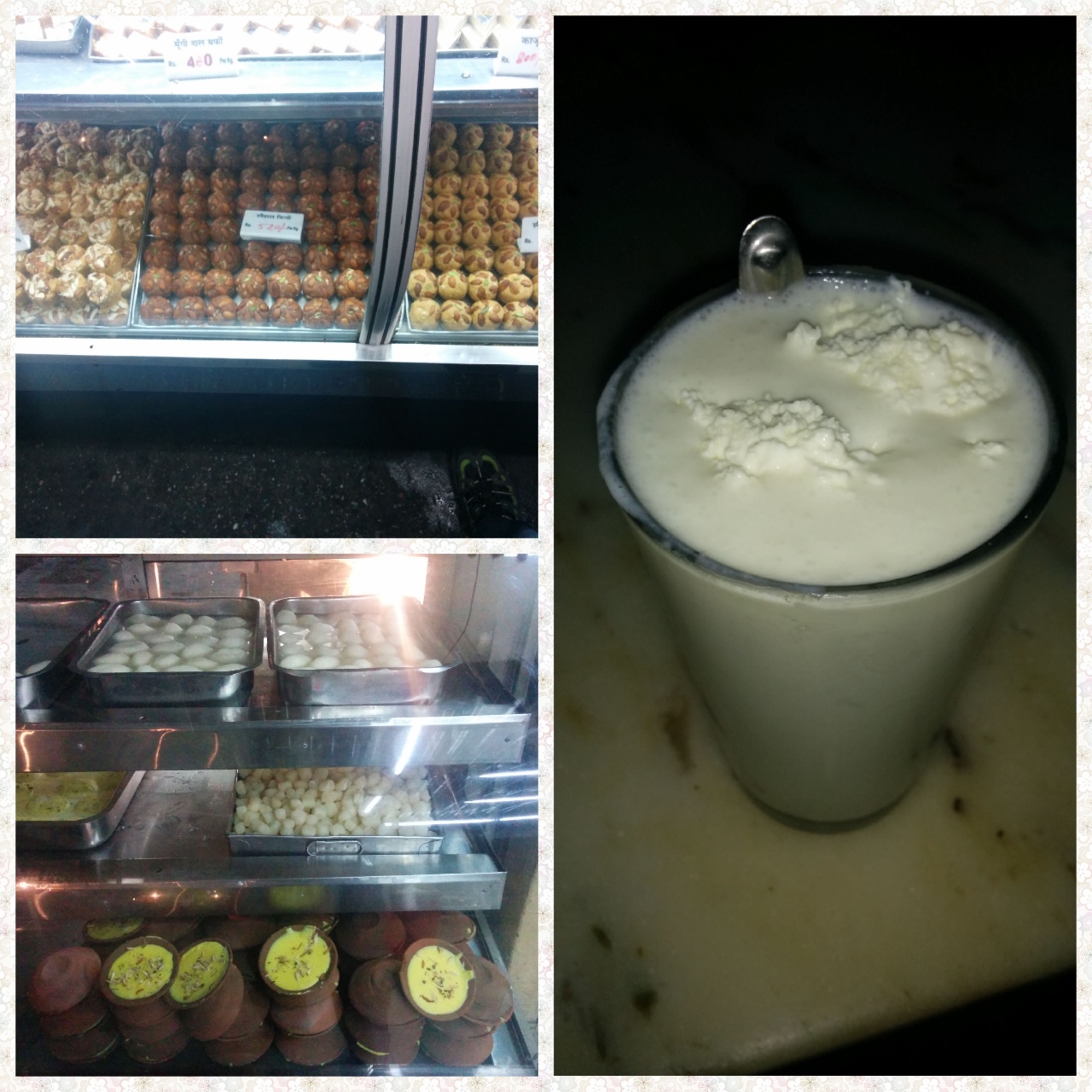 Dry Sweets, Bengali sweets, Rice Firni and a Glass of Lassi with loads of cream to top up