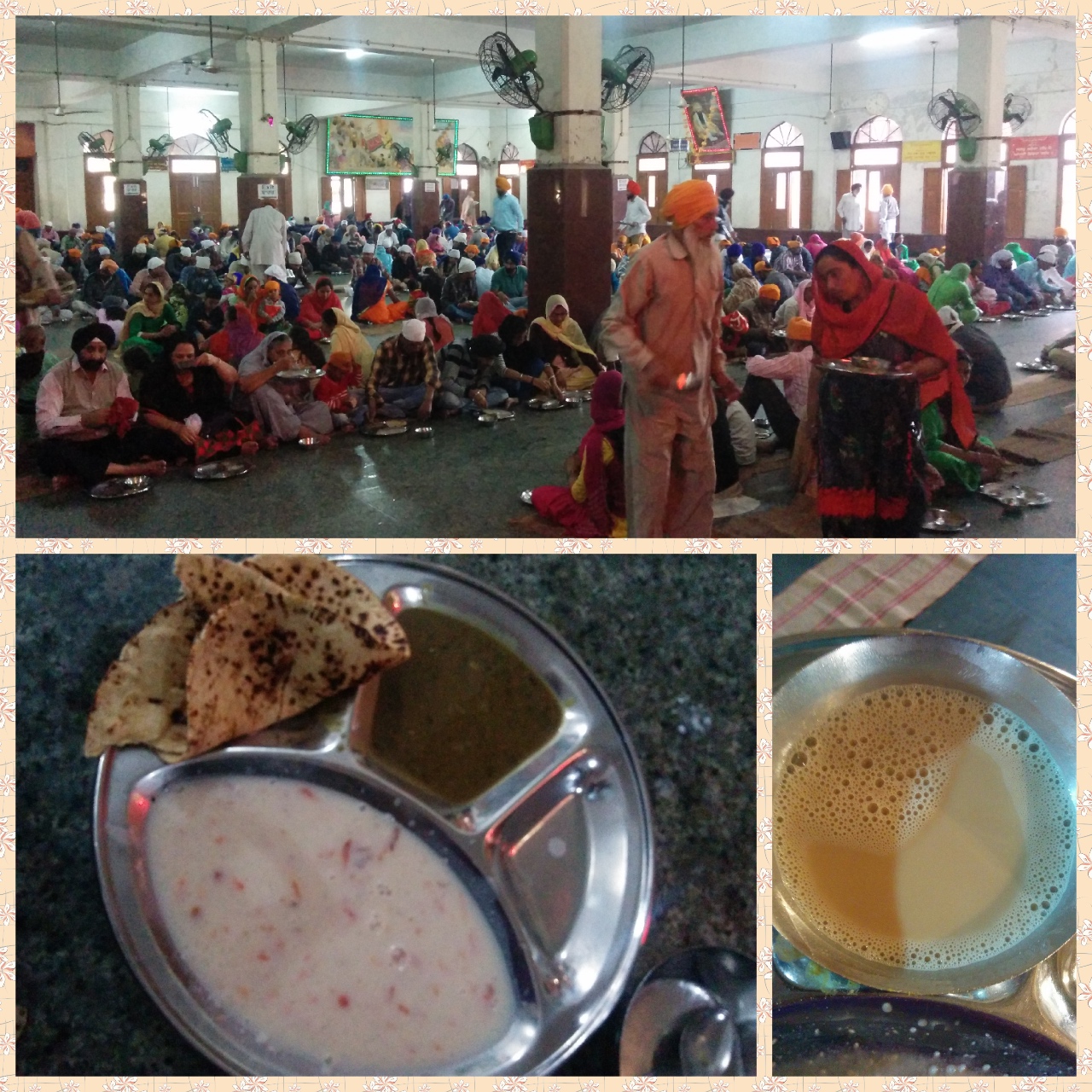 Community dining hall, meal of roti, dhal and kheer followed by a glass of tea