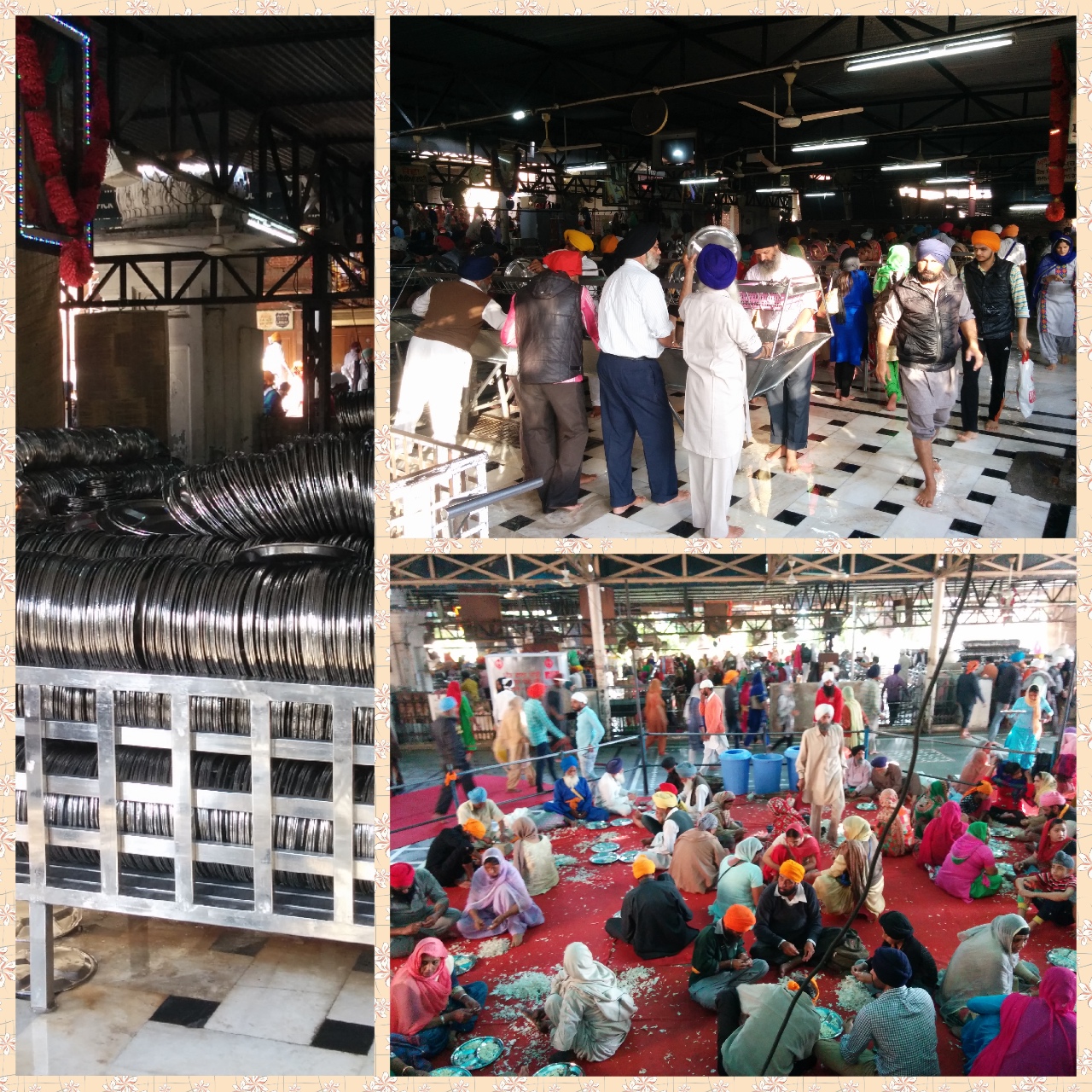 Volunteers washing used plates, peeling garlic and cutting vegetables. Plates neatly stacked for distribution