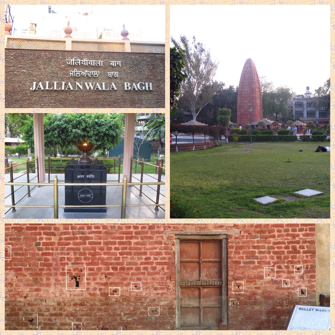 Images from Jallianwala bagh of the eternal flame, memorial monument and a bullet ridden brick wall