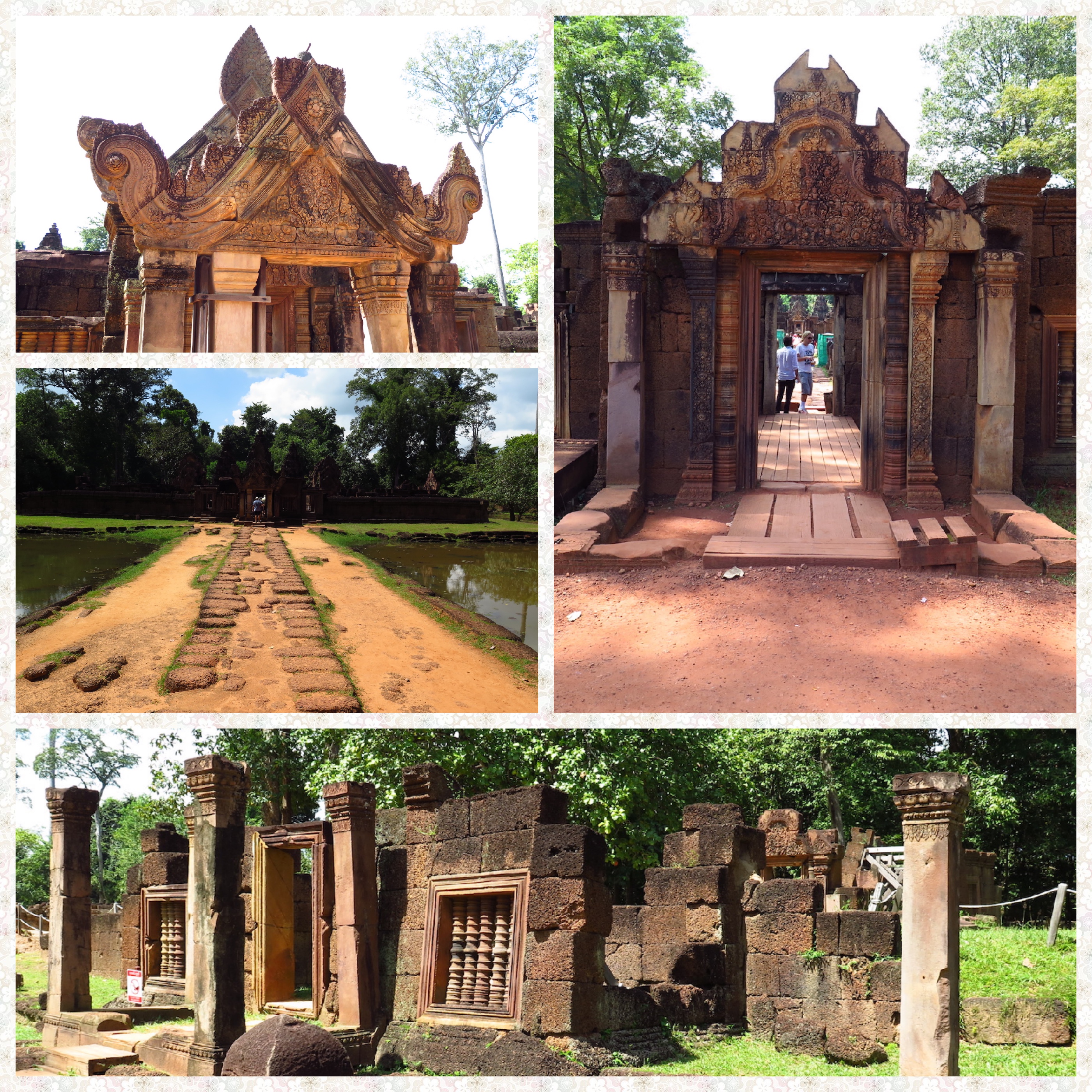 Banteay Srei entrance, Walkway, moat and sandstone ruins