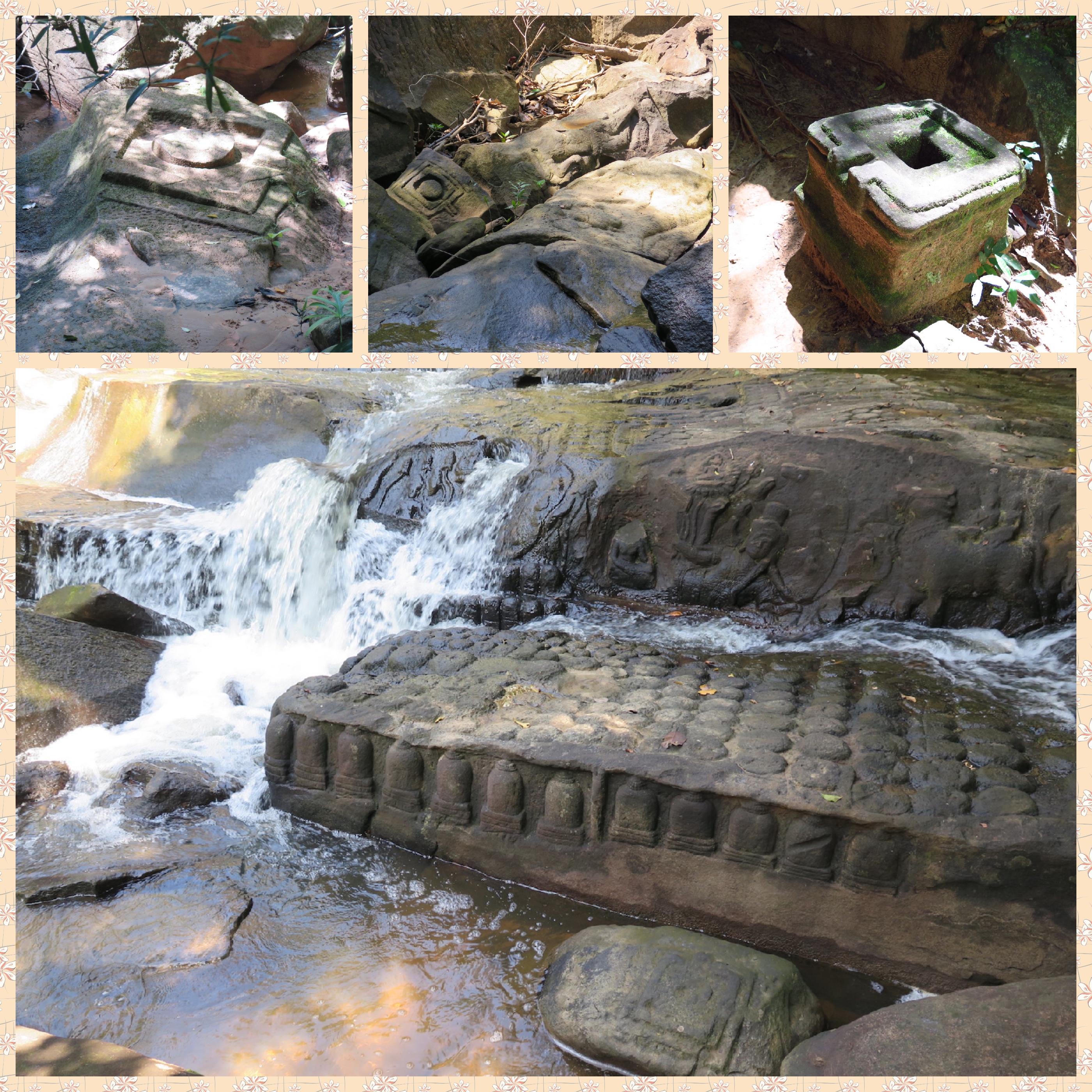 4 images of lingams and snanadronis at various places on the river bed