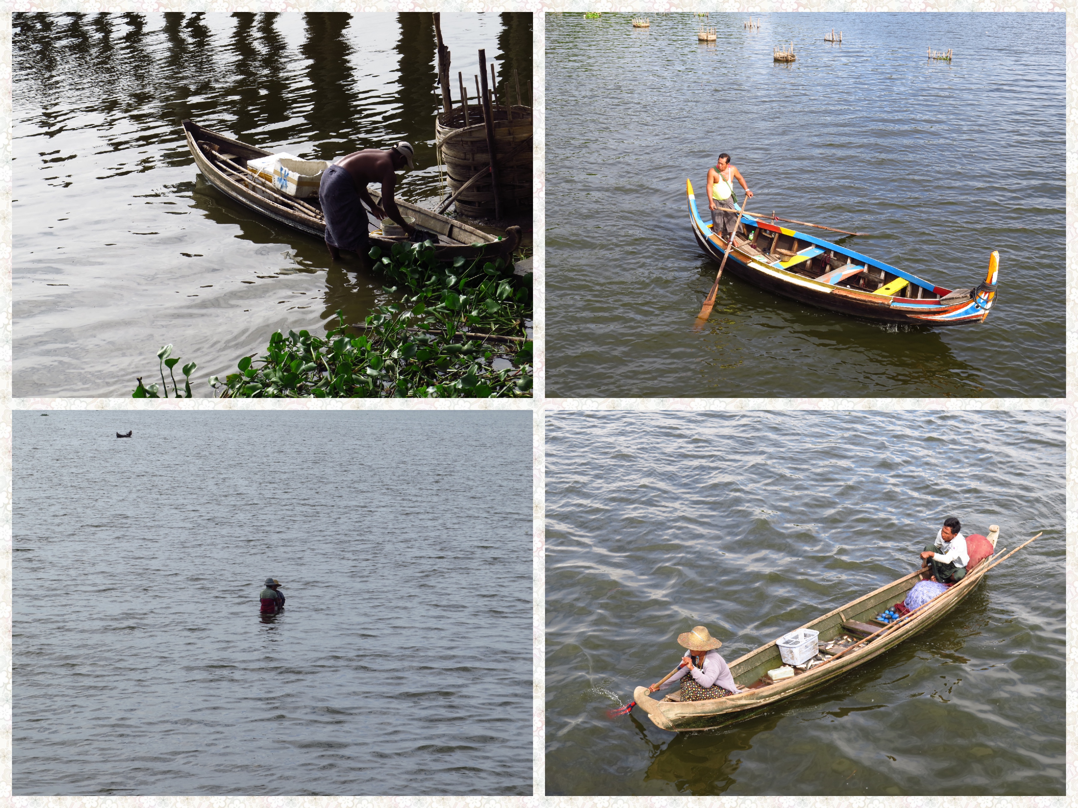 Fishing is the most lucrative occupation for residents living on the periphery of Lake Taungthaman. Solo fishing, Family Fishing, and Sitting on tubes for small catch.