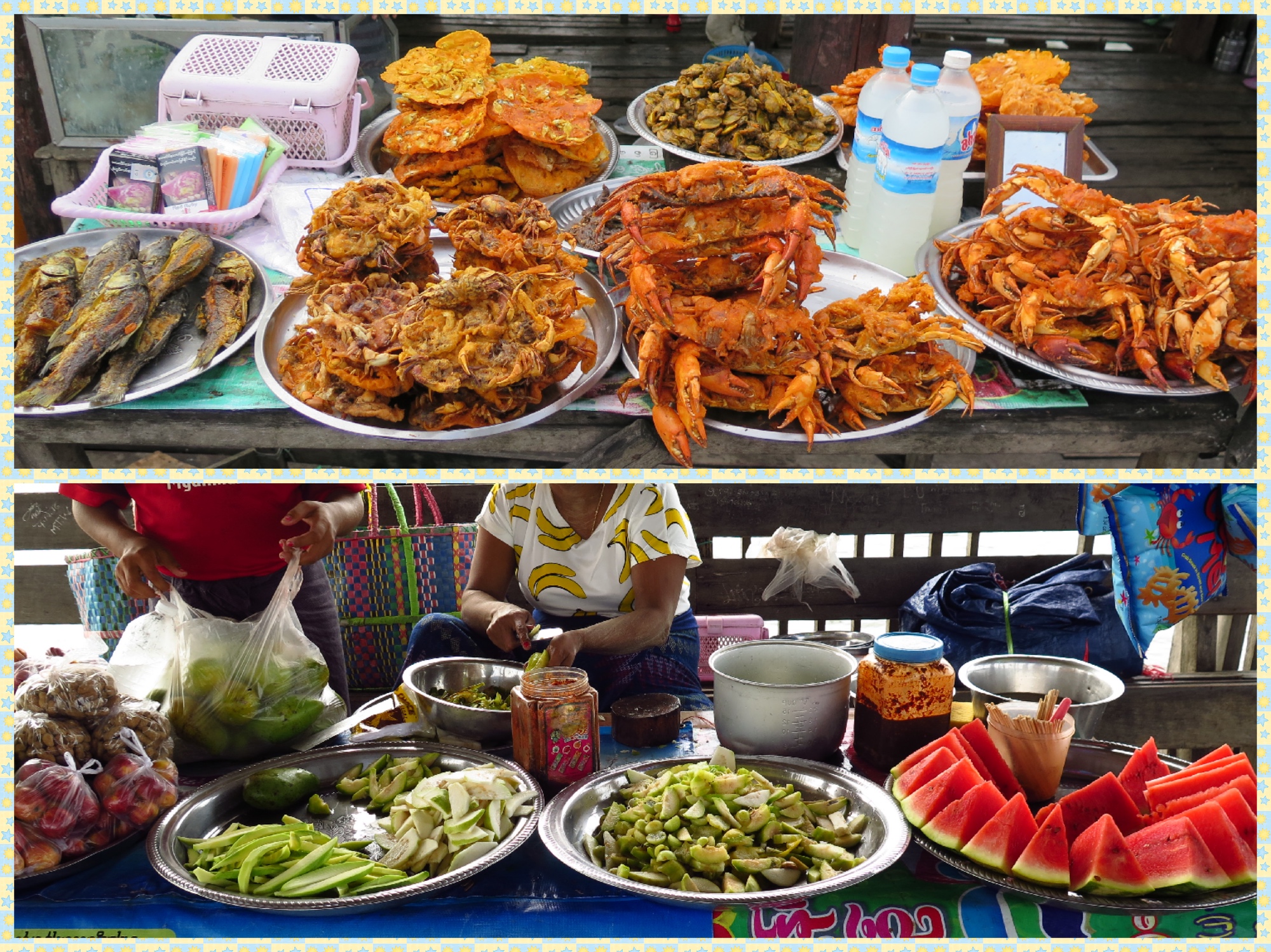 Fresh catch from the lake pasted with spices and fried - include shrimps, crabs and fresh fish. Along with this, there are stalls selling tropical fruit. These are usually mixed in the form of a salad spiced up and served. Mangoes, papayas, watermelons are popular. Steamed groundnut is another delicacy and a perfect accompaniment when taking a break in the rest house.