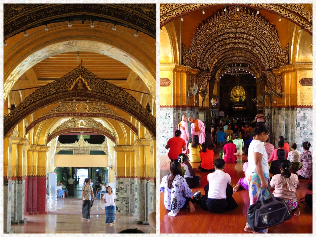 The richly decorated interiors of The Mahamuni Pagoda. The Yellow paint already gives a feeling of the Pagoda glistening in gold. The impressive work on the arches in the corridor and the Jade stone walls are to be observed for their richeness. THe devout are seen in plenty and many come in with their travel bags enroute to their destinations.