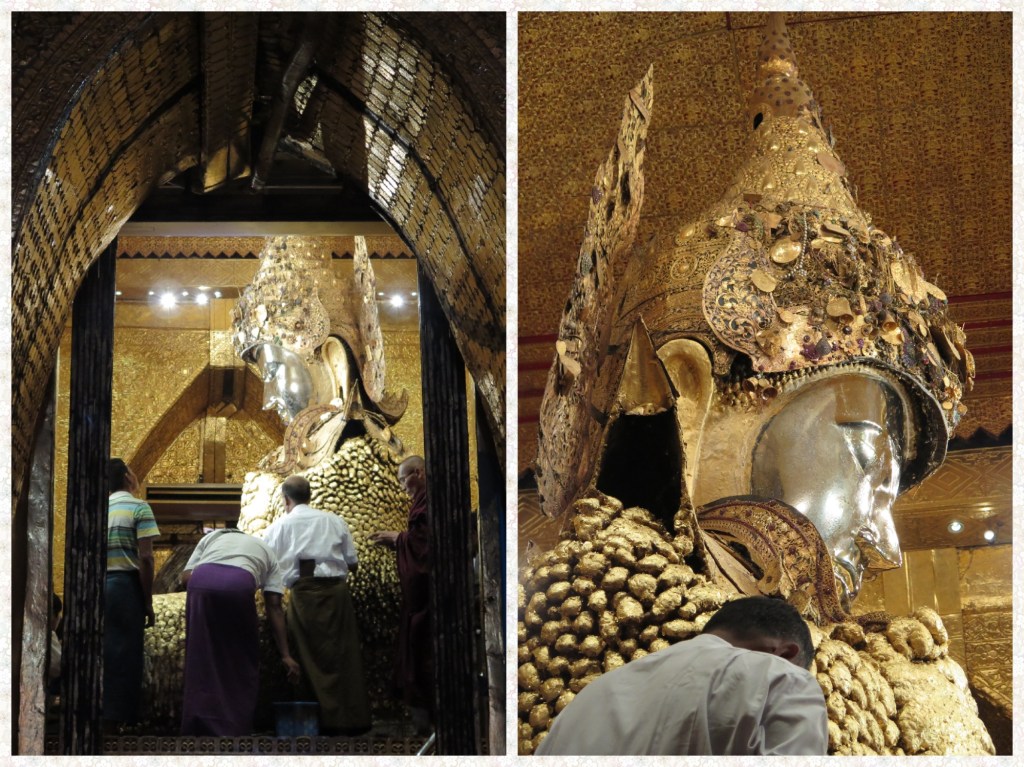 Devotees get close to the Mahamuni and humbly submit their offerings usually in the form of gold leaves that are applied on the supporting pedestal along with a silent prayers.
