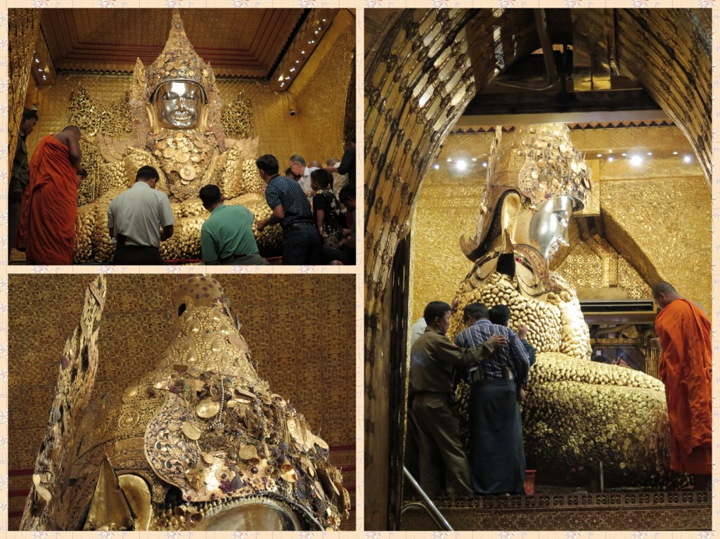 The Myanmarese place their faith in the living entity that is the Mahamuni. The crown is adorned with precious stones etched in gold. Rest of the Mahamuni's structure is enriched with Gold Leaves