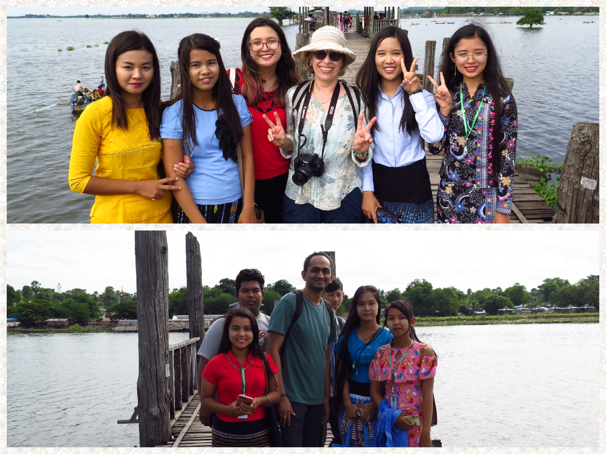 Students dominate the bridge and they dont miss an opportunity click a snap with tourists. They are friendly and look colorful in their local dress. The Men wear a Longyi and a Taipon for a vest where as the ladies wear a Thummy. The Thummy fabrics vary with various regions of Myanmar. Flip Flops are the most common footwear.