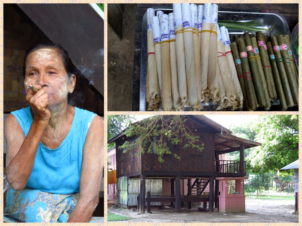 The lady had Tanaka paste all over her and was probably enjoying her post lunch Cheroot. She was also hawking them. Houses are built on stilts probably to escape from flooding and reptiles.