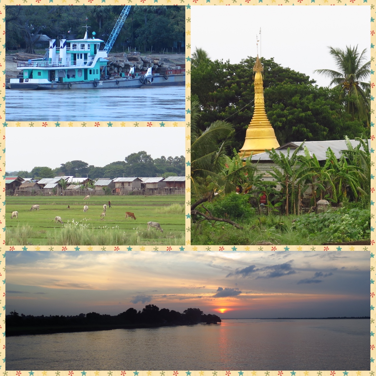 While on the cruise from Innwa to Bagan, one is treated to views of life along the shores of the Irrawady. Every little village has its own humble Paya, Tugs carrying timber, Livestock and of course a glorious sunset view every single day.