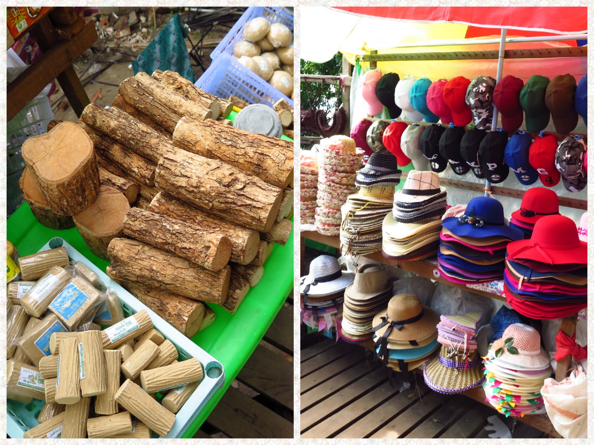 The choices are in front of you. The traditional bark of a tree ground in to a paste called Thanaka has been used by the Burmese for over 2000 years as a natural sunscreen. This is placed at almost all points across the country for people to use free; even in 5 star hotels. Once you apply this, the Sun hat option fades.