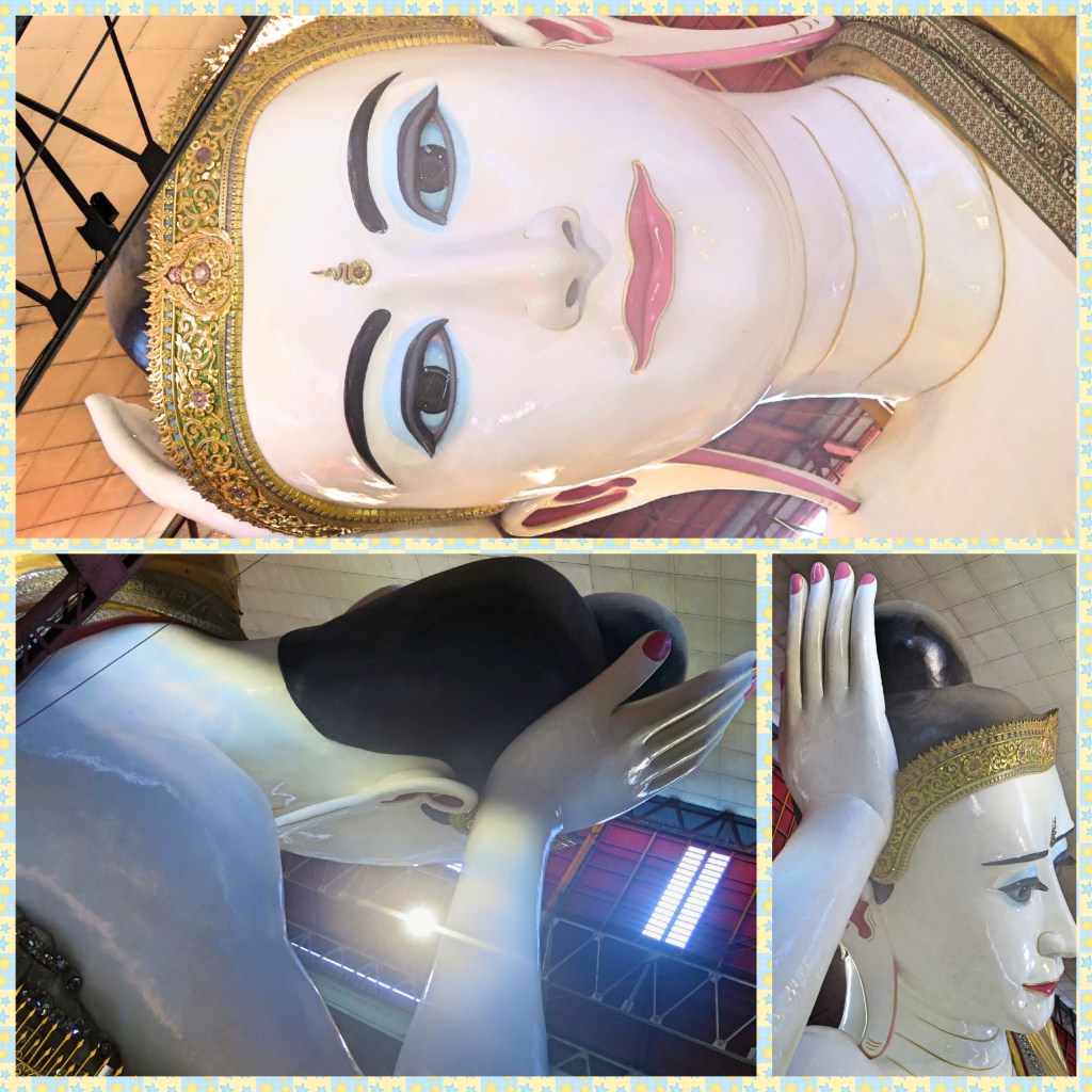 Close up images of the head and eyes of the reclining Buddha