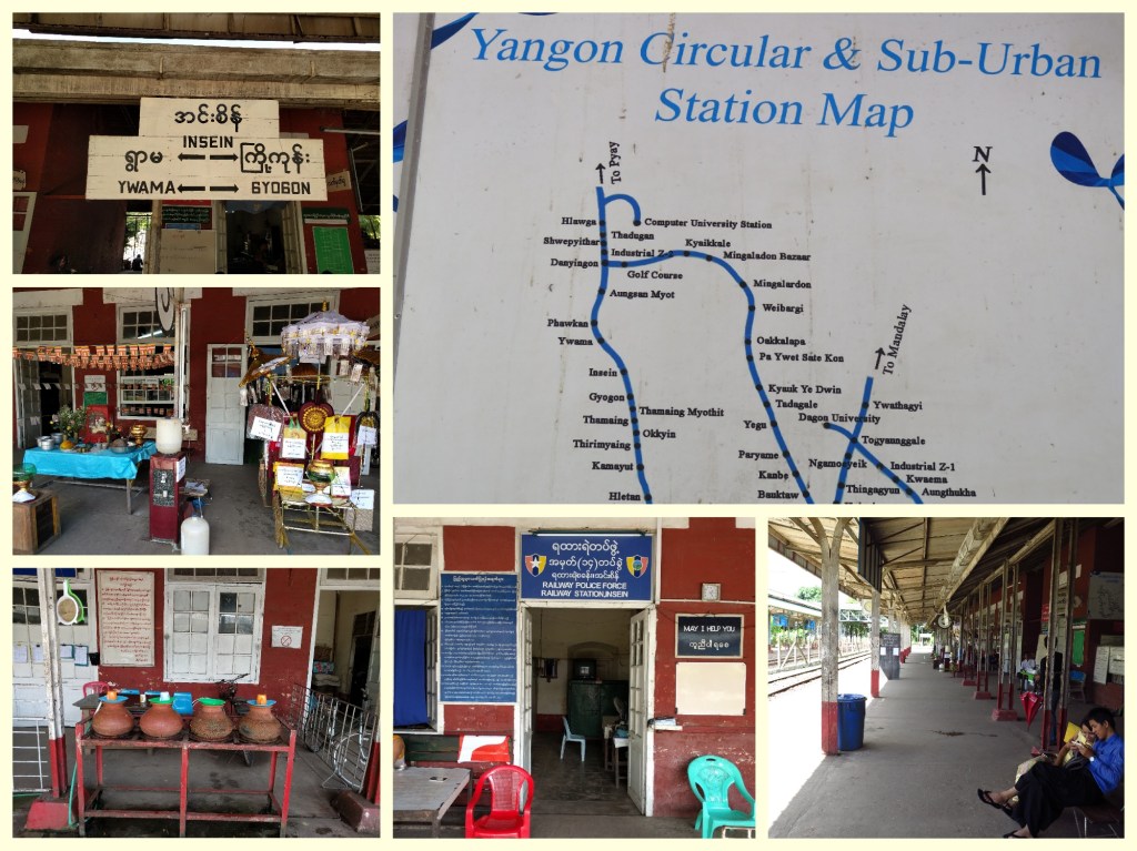 Insein station, mud pots serving water, clean platforms, Buddhist prayer stall and the station masters' office