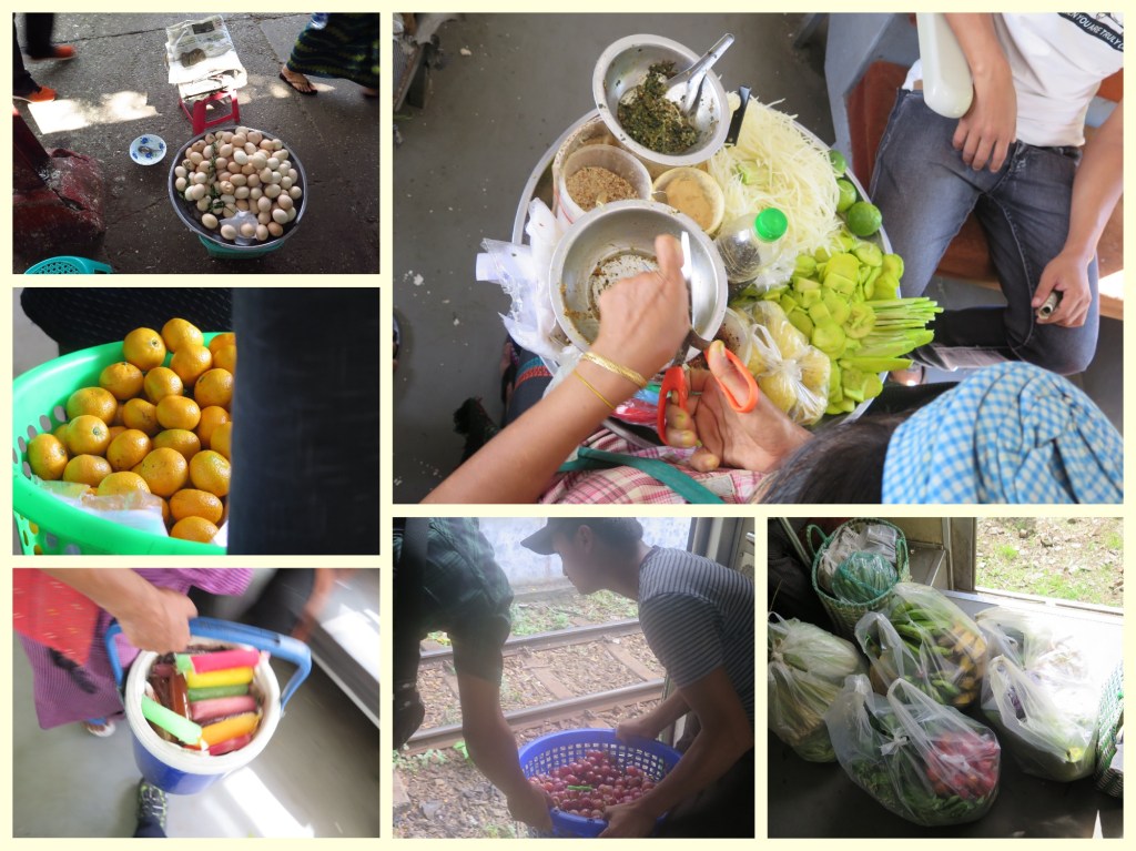 Quail Eggs, Mandarin oranges, Green Mango and Papaya salad, Ice Popsicles, Australian grapes and vegetables. One could almost finish their daily fresh produce shopping on the train