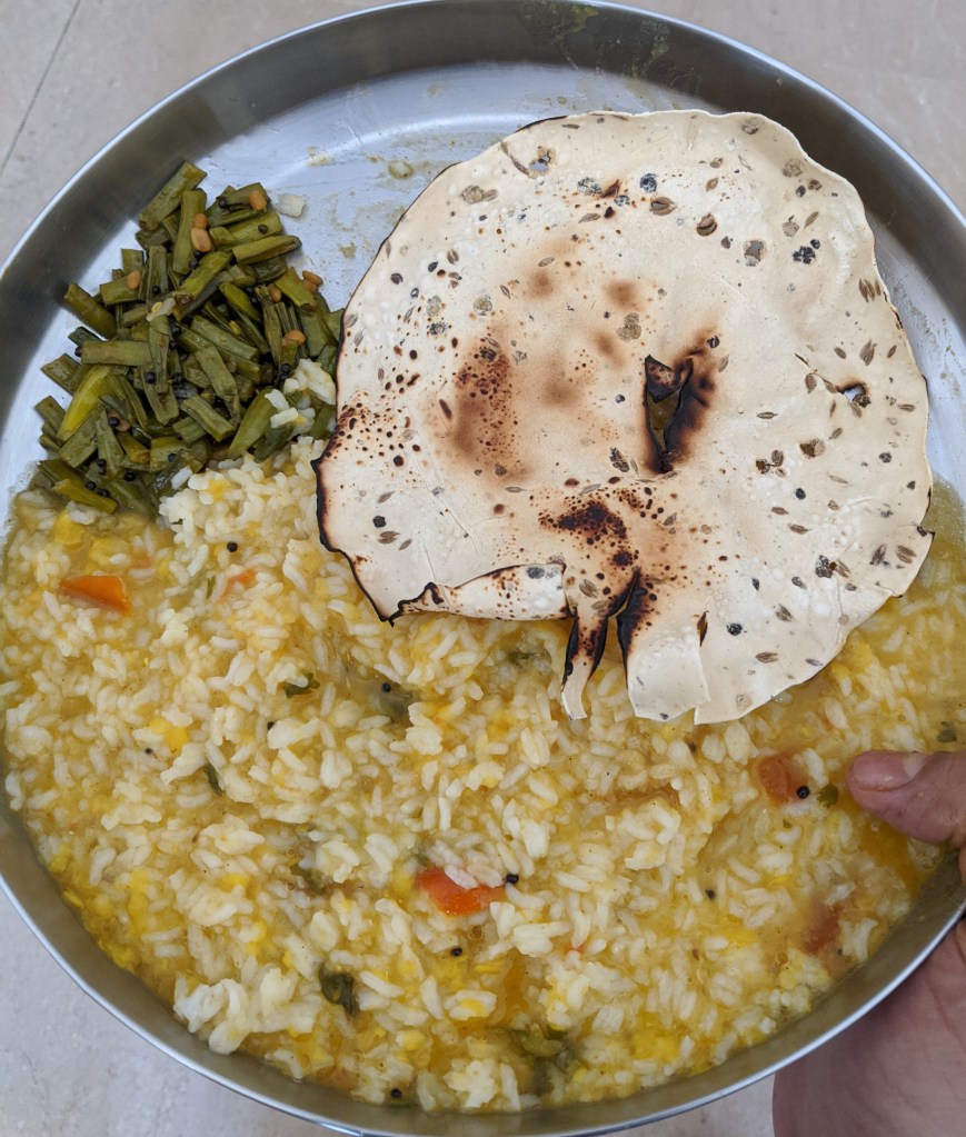 Rice with Tomato rasam, Kothavarangai / cluster beans curry and roasted papad