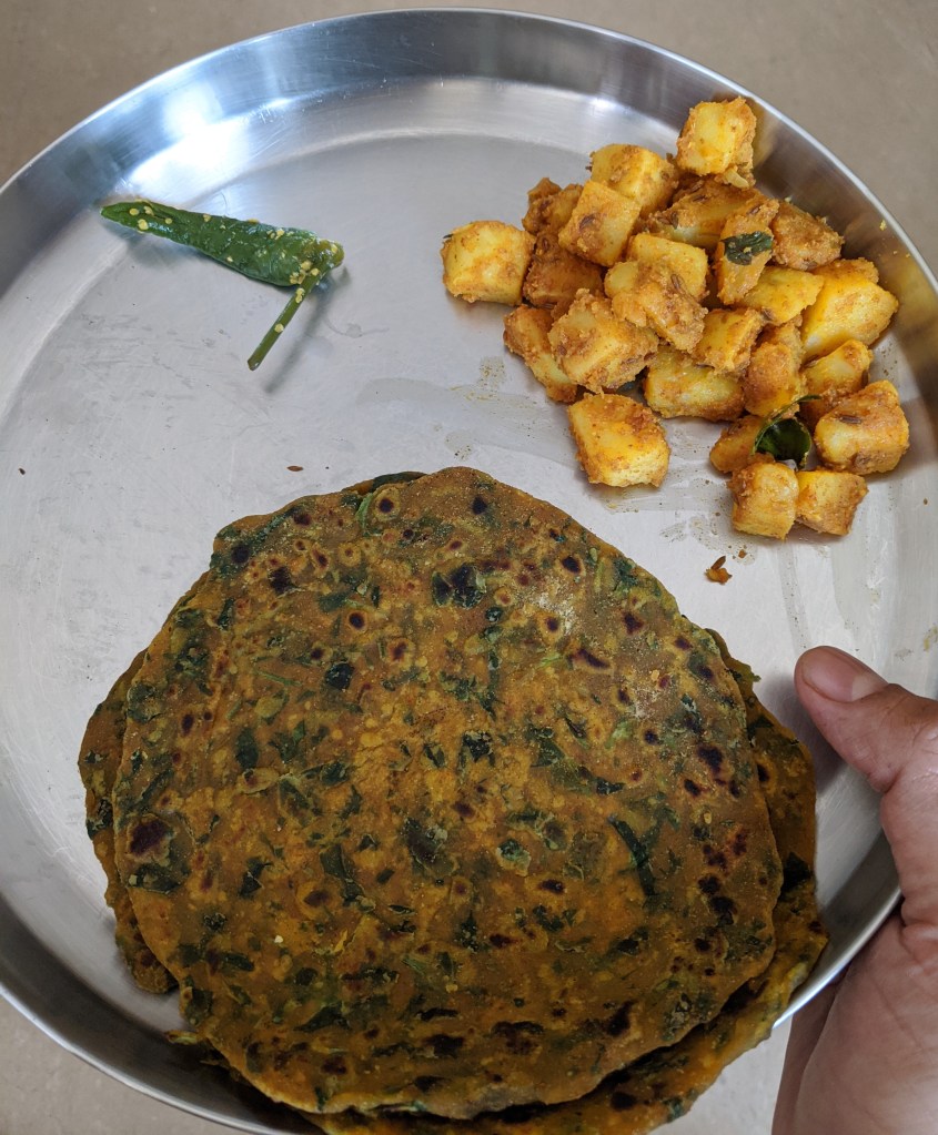 Methi thepla with Alu Subzi and gujarati chilli pickle with mustard