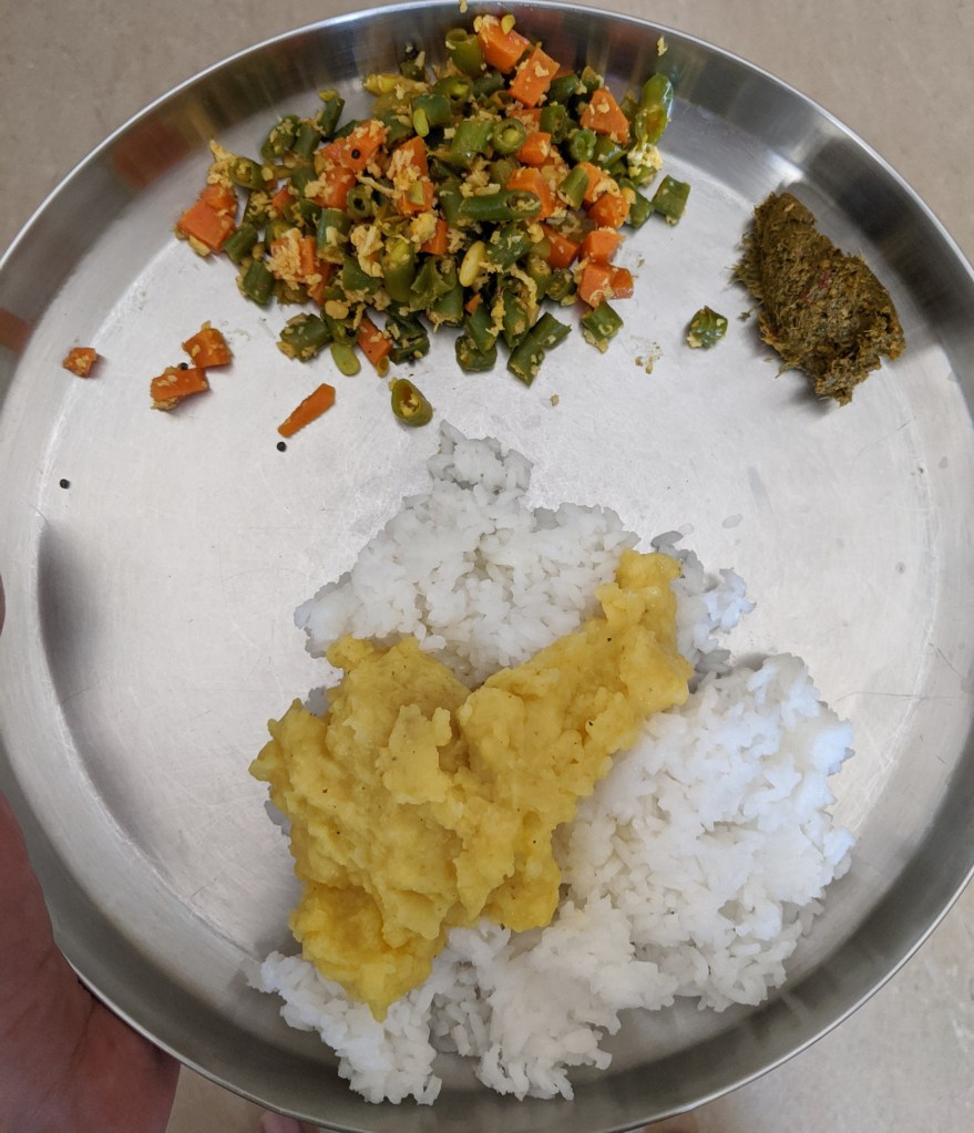 Paruppu sadam with ghee, carrot and beans curry along with kothamalli / coriander thogayal