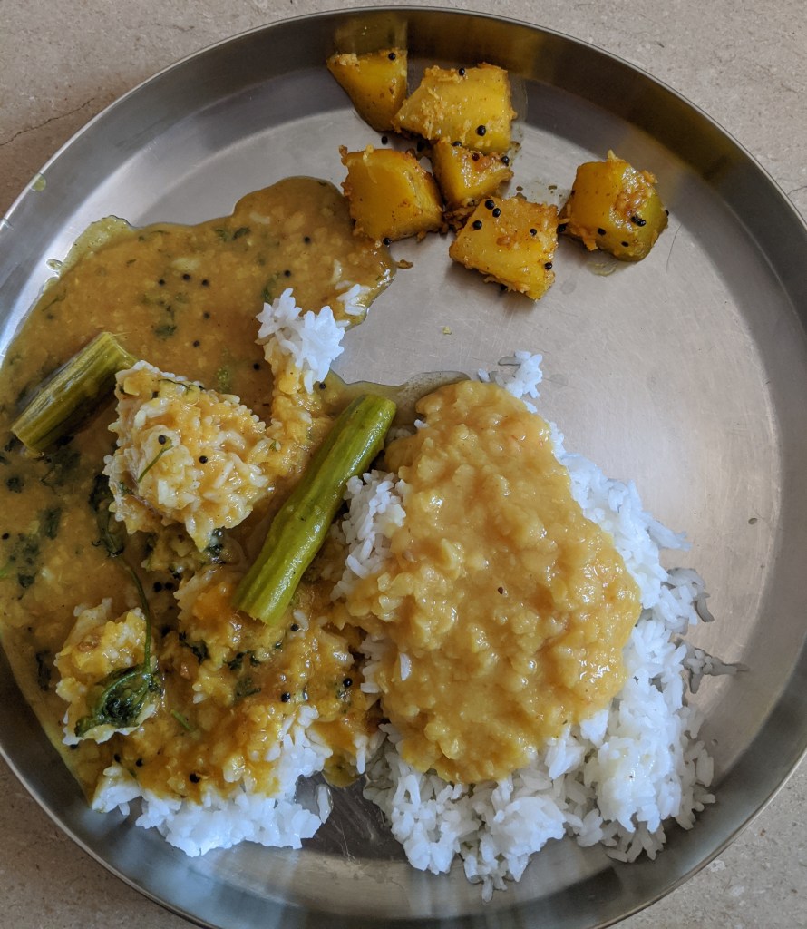 Rice and drumstick sambhar with a sweet pumpkin curry
