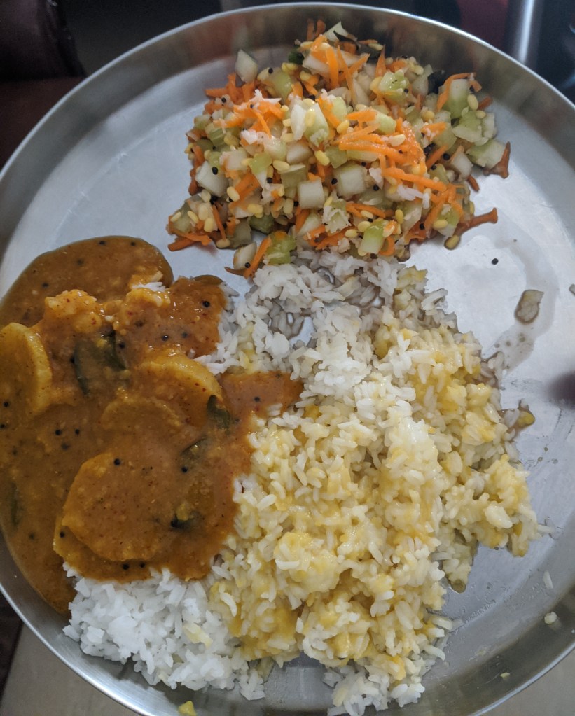 Paruppu and mullangi sambhar rice along with carrot cucumber kosumalli