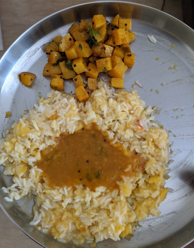 Murungakkai (drumstick) sambhar with paruppu sadam and roast potato curry