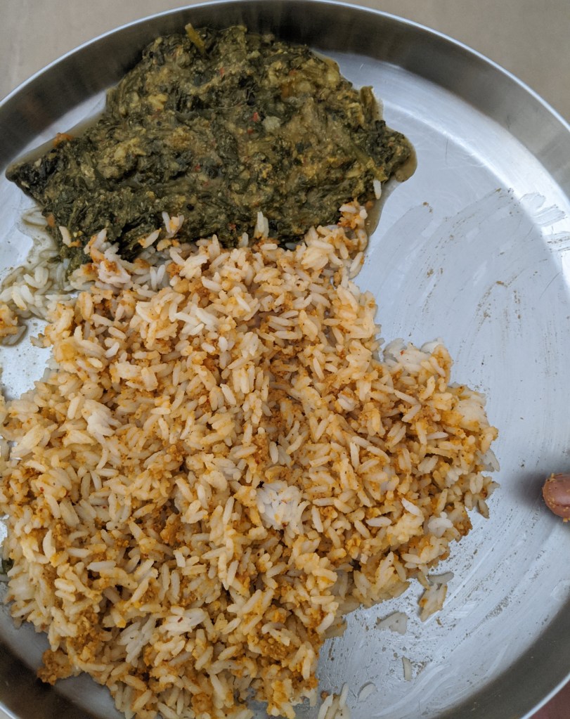 Paruppu (pulses) thogayal rice with keerai (spinach) masiyal